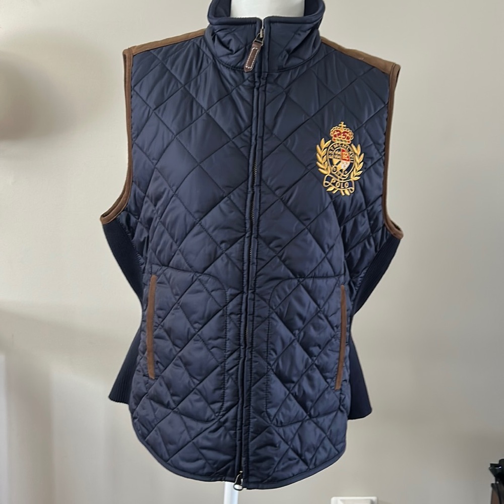 Polo Ralph Lauren Navy Blue Quilted Crested Equestrian Vest Suede Trim - sz XL
